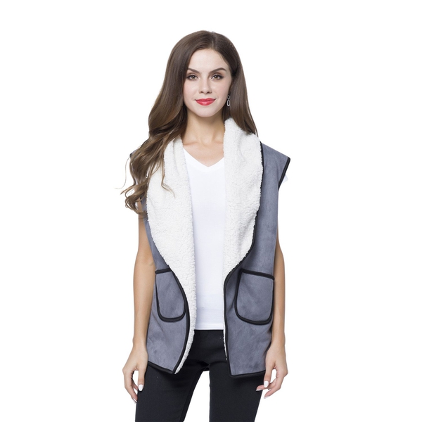 New Season - Grey Colour Drape Collar Sherpa Style Gilet (Size 80X50 Cm) with Pockets (Size 14X12 Cm)