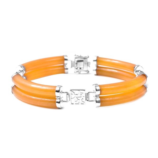 85.15 Ct Honey Jade and Citrine Station Bracelet in Rhodium Plated Silver 7.25 Inch
