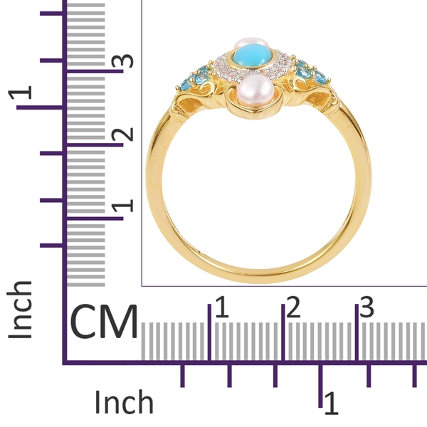 Designer Inspired - Arizona Sleeping Beauty Turquoise (Ovl), Fresh Water Pearl, Malgache Neon Apatite and Natural White Cambodian Zircon Ring in Yellow Gold Overlay Sterling Silver 1.050 Ct.