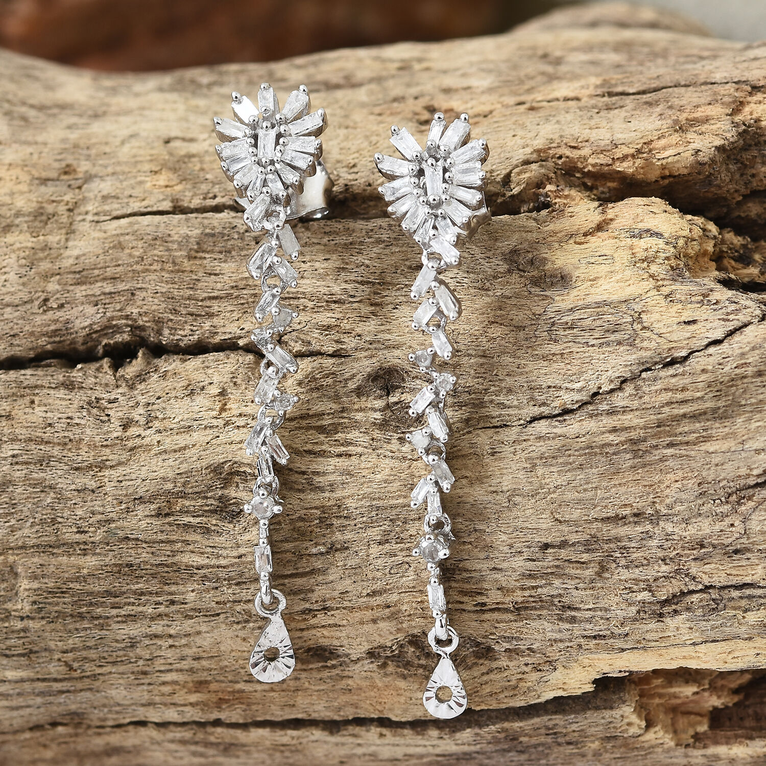 GP Diamond (Rnd and Bgt), Blue Sapphire Earrings (with Push Back) in Platinum Overlay Sterling Silver 0.540 Ct.