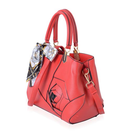 Scarlet Red Flower Handbag with Shoulder Strap (Size 29x22x13 Cm) and Scarf (Size 87x4.5 Cm ...