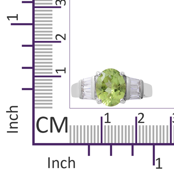 Hebei Peridot (Ovl 2.81 Ct), White Topaz Ring in Rhodium Overlay Sterling Silver 3.470 Ct.