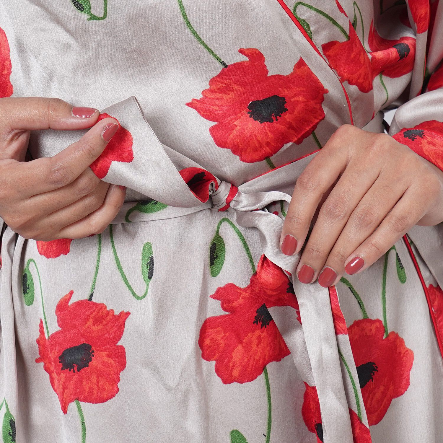 Floral Printed Satin Robe with Bell Sleeve (Size L  16-18  Length: 110cm) - Grey