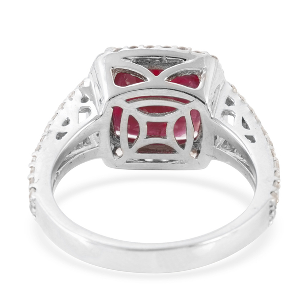African Ruby (Cush 8.50 Ct), Natural Cambodian White Zircon Ring in Rhodium Plated Sterling Silver 10.250 Ct.