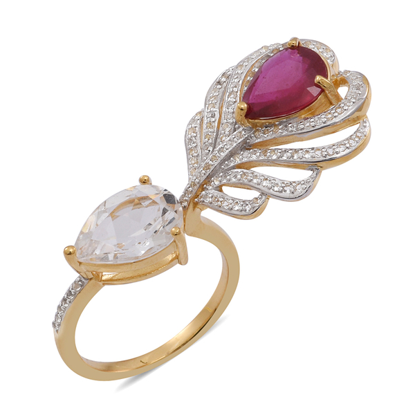 African Ruby (Pear 2.75 Ct), White Topaz Ring in 14K Gold Overlay Sterling Silver 7.000 Ct.