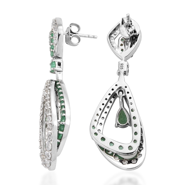 AA Kagem Zambian Emerald (Pear and Rnd), Natural Cambodian Zircon Earrings (with Push Back) in Platinum Overlay Sterling Silver 5.500 Ct. Silver wt 9.35 Gms. Number of Gemstone 142