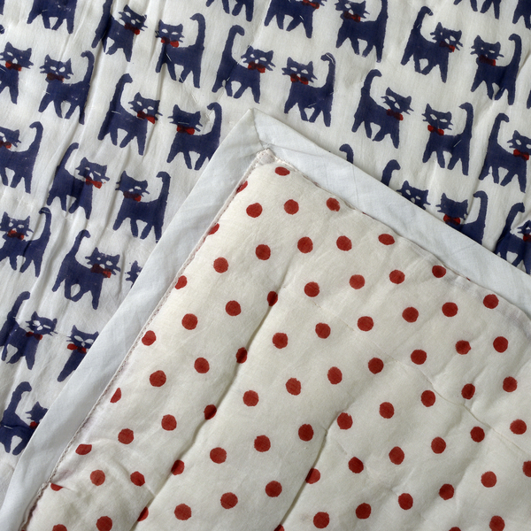 100% Cotton White, Red and Multi Colour Hand Block Cat Printed Quillow (Size 150x110 Cm)