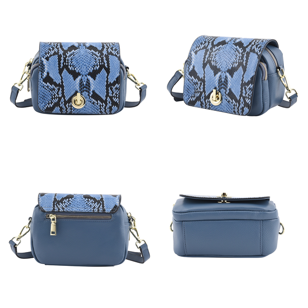 100% Genuine Leather Snake Pattern Crossbody Bag with Shoulder Strap (Size 19x14x7 Cm) - Blue
