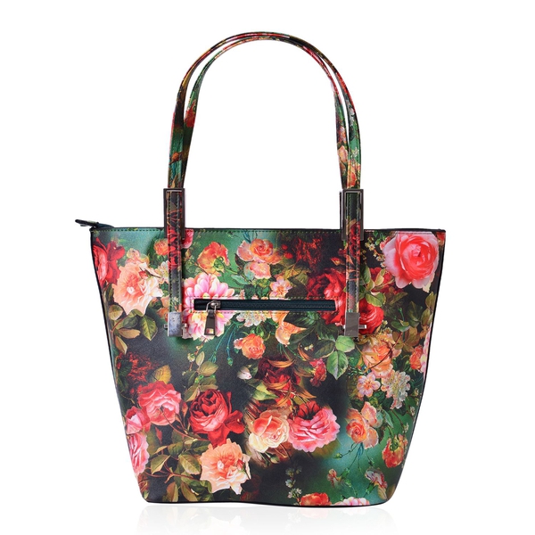 Chelsea Green with Multi Colour Floral Pattern Tote Bag With Adjustable Shoulder Strap (Size 39x29x32x15 Cm)