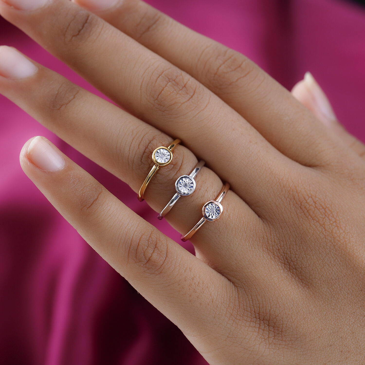 Set of 3 - Diamond Stackable Ring in Platinum Overlay and 18K Rose and Yellow Gold Vermeil Plated Sterling Silver 0.03 Ct.