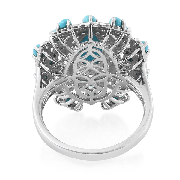 Arizona Sleeping Beauty Turquoise (Ovl and Rnd), Natural Cambodian Zircon Ring in Platinum Overlay Sterling Silver 3.750 Ct. Silver wt 7.00 Gms.