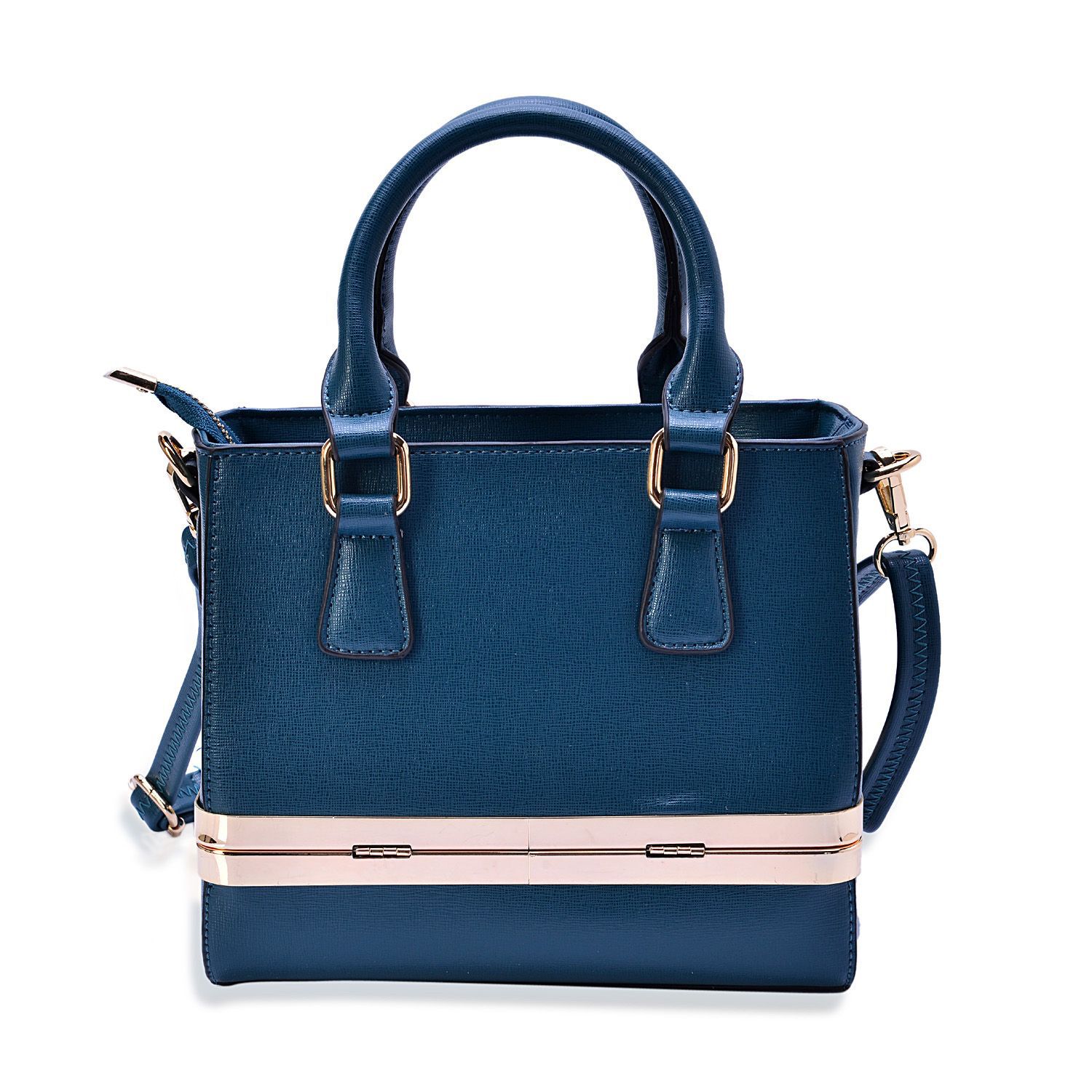 Teal Colour Tote Bag with Bottom Box Compartment and Adjustable and Removable Shoulder Strap (Size 22x18x9 Cm)