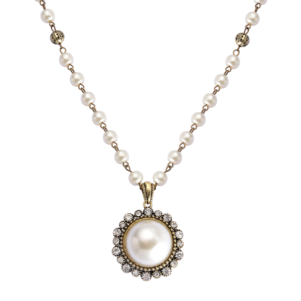 White Austrian Crystal and White Glass Pearl Necklace (Size 28 with 3 Inch Extender) in Silver Tone 