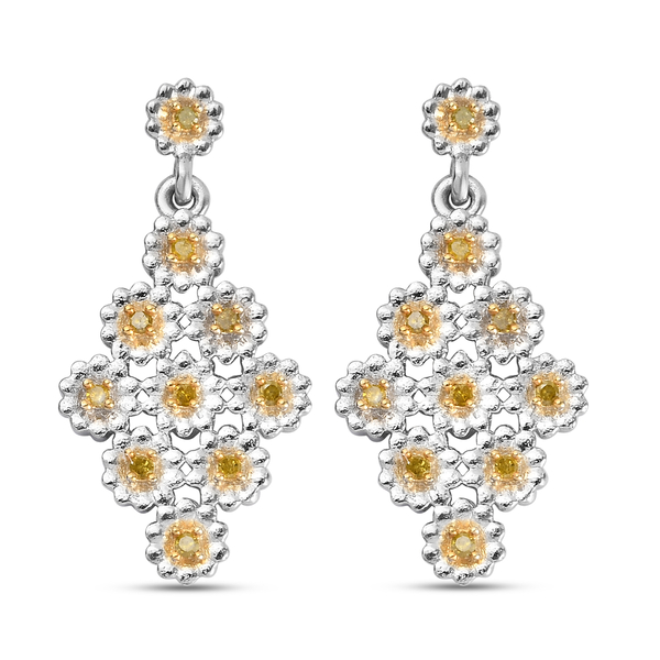 GP Italian Garden Collection- Yellow Diamond and Kanchanaburi Blue Sapphire Earrings (with Push Back) in Platinum Overlay Sterling Silver