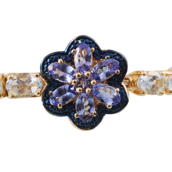 Espirito Santo Aquamarine (Ovl), Tanzanite and Blue Diamond Bracelet (Size 7.5) in 14K Gold Overlay Sterling Silver 11.01, Silver wt. 12.52 Gms