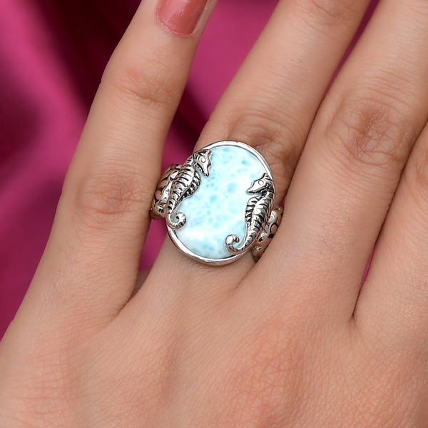 Sajen Silver NATURES JOY Collection - Larimar Enamelled Seahorse Ring in Platinum Overlay Sterling Silver 10.40 Ct.