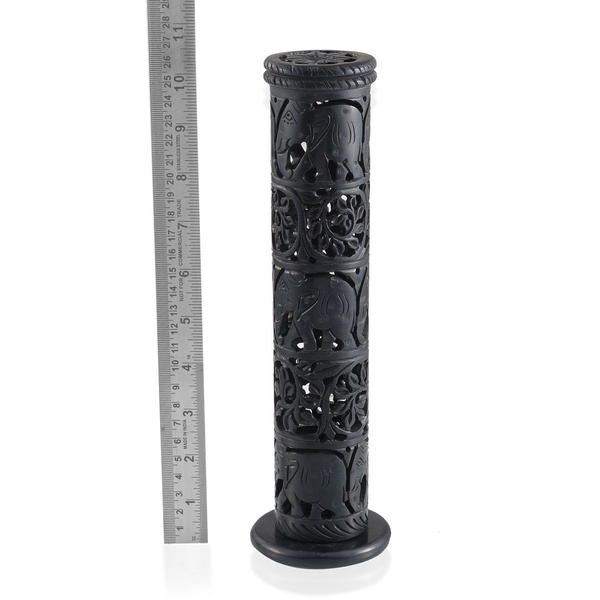 Home Decor - Beautiful Elephant and Filigree Carved Black Soapstone Incense Pipe (Size 10x2)