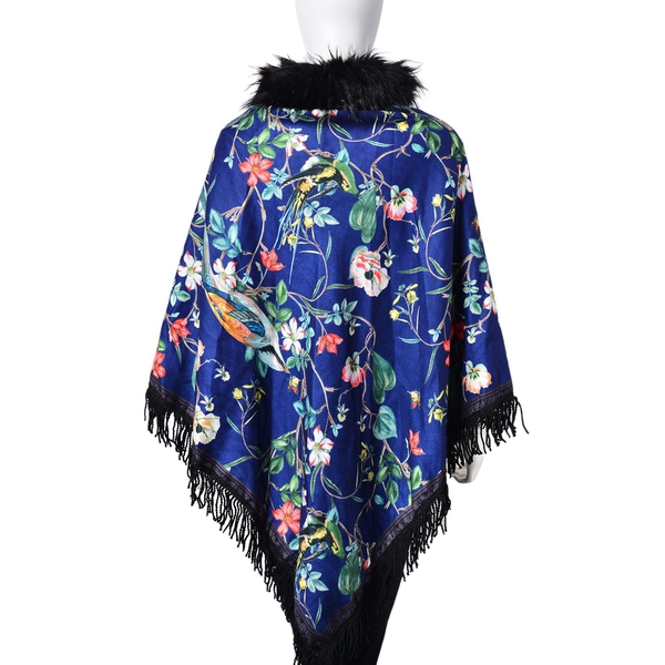 Designer Inspired Blue Floral and Birds Pattern Faux Fur Collar Reversible Poncho with Tassels (Free Size)