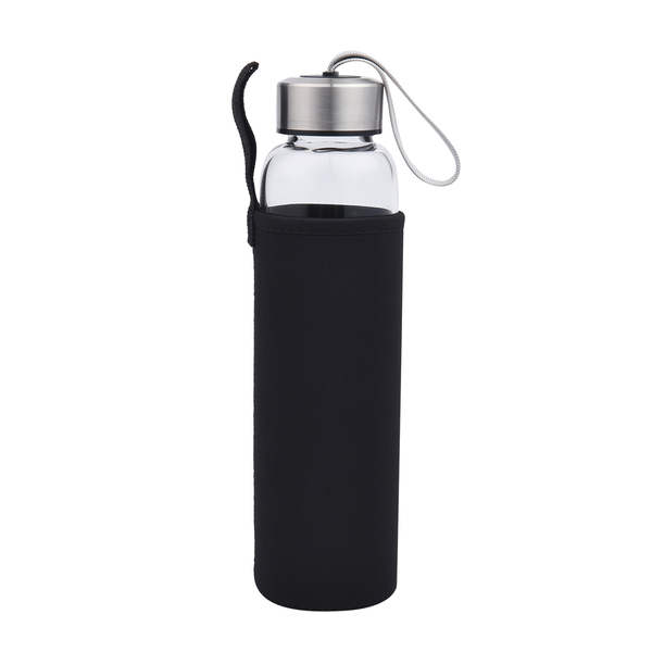 Black Crystal Elixir Glass Water Bottle with Stainless Steel Cap (Size 25x6 Cm) with Travel Case