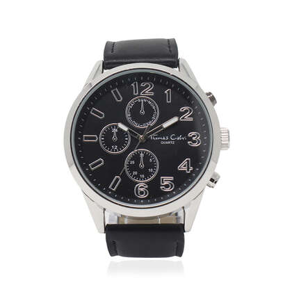 THOMAS CALVI Chrono Dial Watch with Black Strap in Silver Tone