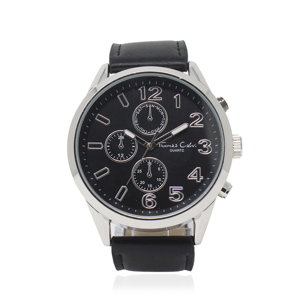 THOMAS CALVI Chrono Dial Watch with Black Strap in Silver Tone