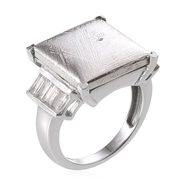 Meteorite (Sqr 20.00 Ct), White Topaz Ring in Platinum Overlay Sterling Silver 21.250 Ct.