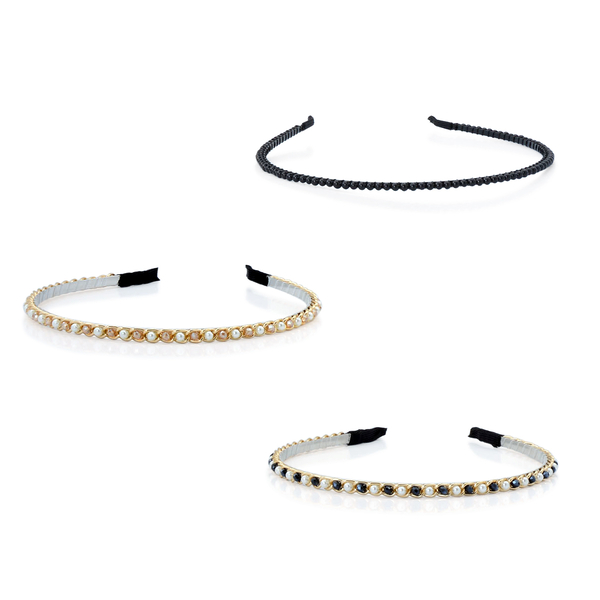 Set of 3 - Black and Champagne Glass Bead, Simulated White Pearl and Simulated Stone Head Band in Si