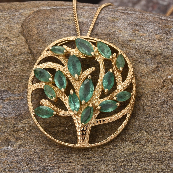 GP Kagem Zambian Emerald (Mrq), Kanchanaburi Blue Sapphire Tree Pendant With Chain in 14K Gold Overlay Sterling Silver 2.500 Ct.