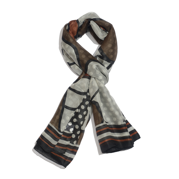 100% Mulberry Silk Chocolate, Black and Multi Colour Printed Scarf (Size 180x100 Cm)