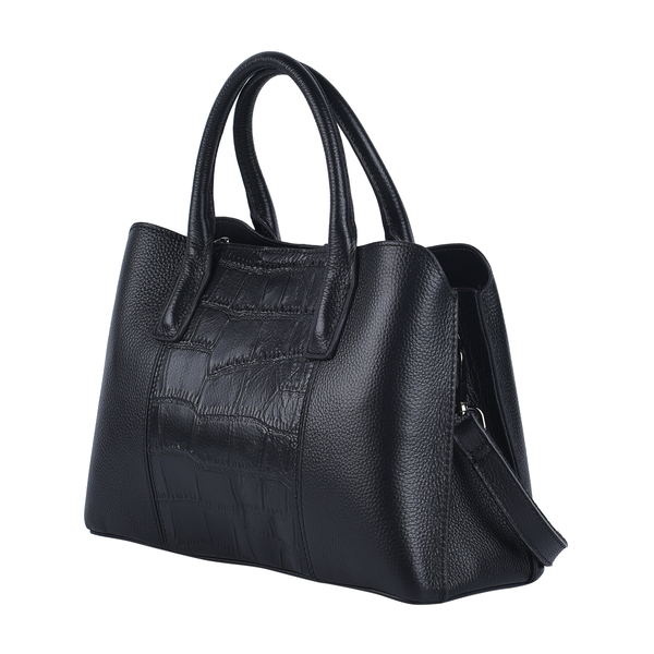 SENCILLEZ 100% Genuine Leather Croc Embossed Pattern Convertible Bag with Shoulder Strap (Size 32x23x12Cm) - Black