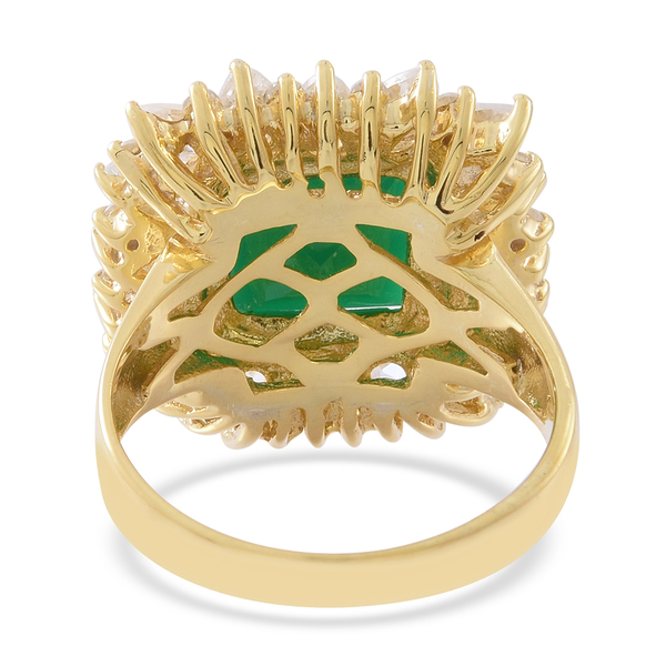 Verde Onyx (Sqr 6.00 Ct), Natural White Cambodian Zircon Ring in 14K Gold Overlay Sterling Silver 10.250 Ct.