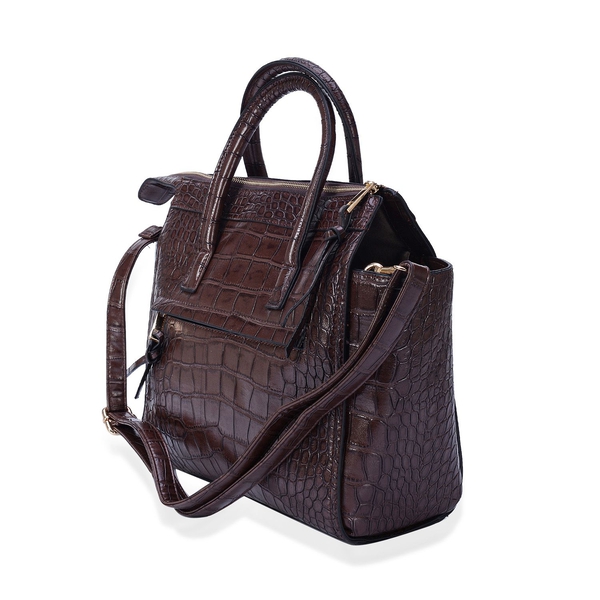 Christine Chocolate Croc Embossed Tote Bag with External Zipper Pocket and Adjustable and Removable Shoulder Strap (Size 42x30x9 Cm)