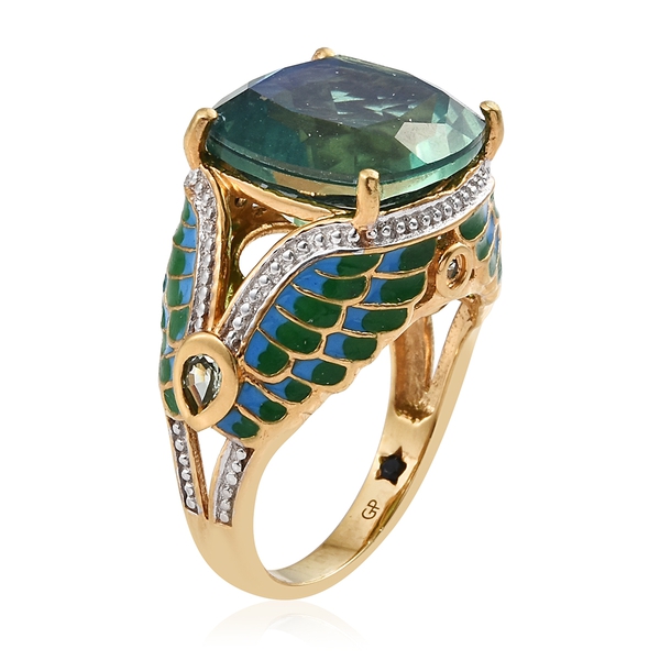 GP Peacock Quartz (Cush 9.90 Ct), Green Sapphire and Kanchanaburi Blue Sapphire Green and Blue Colour Enameled Ring in 14K Gold Overlay Sterling Silver 10.500 Ct. Silver wt 6.34 Gms.