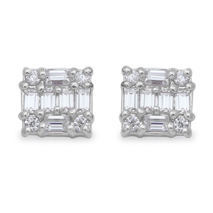 Moissanite Stud Earrings (with Push Back) in Rhodium Overlay Sterling Silver