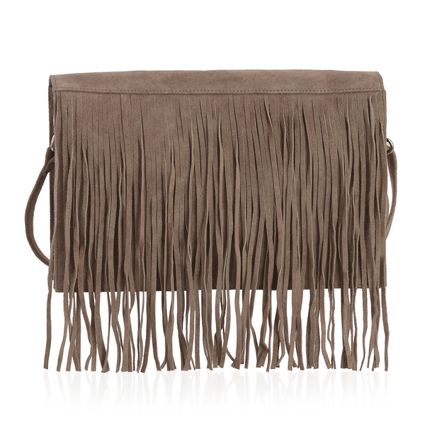 Genuine Leather Dark Beige  Colour Sling Bag with Fringes and Adjustable and Removable Shoulder Strap (Size 28x17x7 Cm)