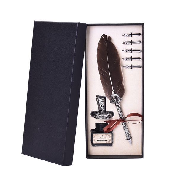 Set of Brown Feather Pen with Pen Stand, Black Ink (15ml) and 6-Different Nip Shapes in Silver Tone