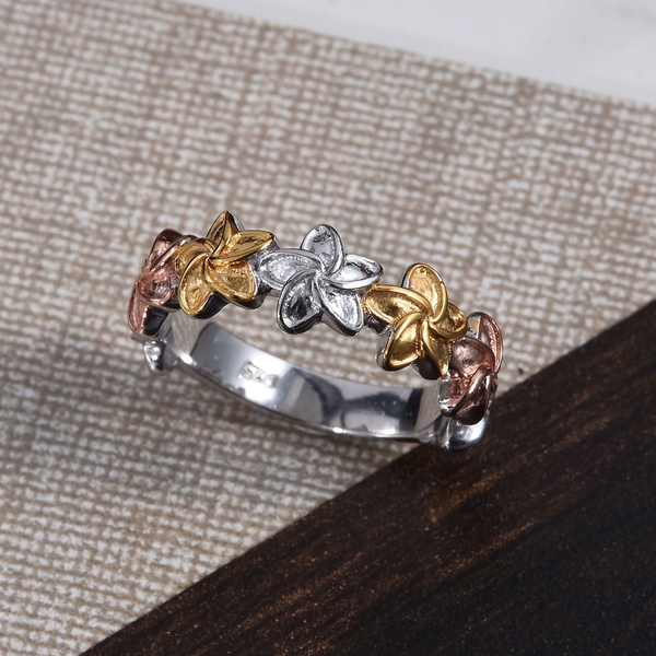 Platinum, Yellow and Rose Gold Overlay Sterling Silver Floral Ring