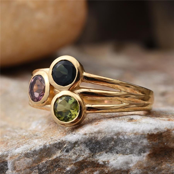 Rainbow Tourmaline (Rnd) Trilogy Ring in 14K Gold Overlay Sterling Silver 1.500 Ct.