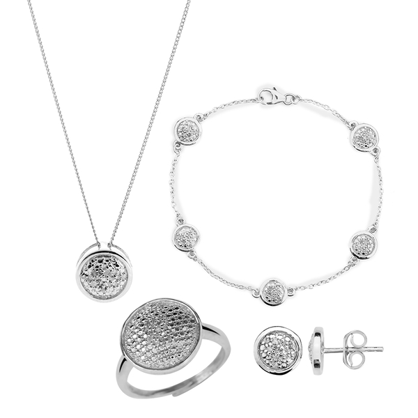 0.54CT Diamond Platinum Plated Silver Set Of Earrings, 7.5 Inch Bracelet, Pendant With Chain, Adjustable Ring