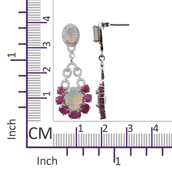 African Ruby (FF), Ethiopian Welo Opal and Natural Cambodian White Zircon Earrings (with Push Back) in Rhodium Overlay Sterling Silver 6.610 Ct.