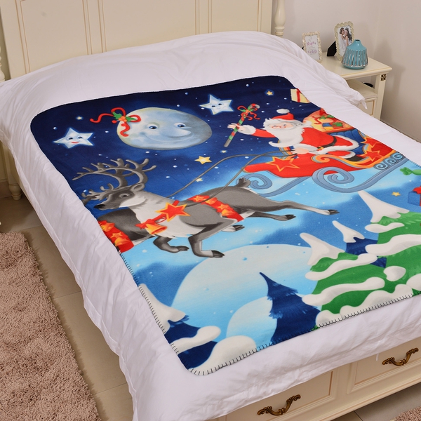 Super Soft Reindeer and Santa Print Pattern Fleece Throw - 200 Gsm -  Size 130x170cm.