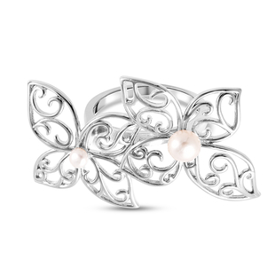 LucyQ Filigree Collection - White Freshwater Pearl Flower Petal Ring in Rhodium Overlay Sterling Sil