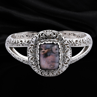 Royal Bali Collection- Dendric Agate Cuff Bangle(Size 7.5) in Sterling Silver 27.32 Ct, Silver Wt 53.17 Gms