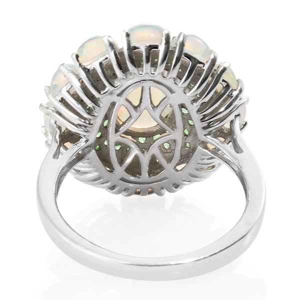 Ethiopian Welo Opal (Ovl 10X8), Tsavorite Garnet Floral Ring in Platinum Overlay Sterling Silver 4.500 Ct.
