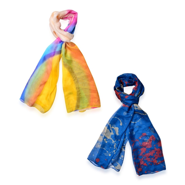 Set of 2 - Designer Inspired Multi and Royal Blue Colour Scarf (Size 175x70 Cm)