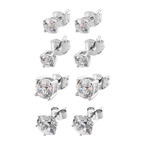 Set of 4 - Lustro Stella Platinum Overlay Sterling Silver Earrings (with Push Back) Made with Finest CZ - 13.93ct Equiv Total