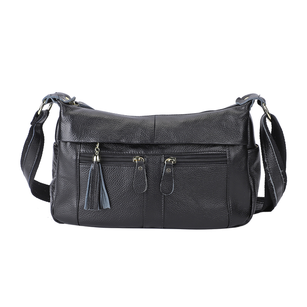  Genuine Leather Crossbody Bag with Tassels and Shoulder Strap - Black