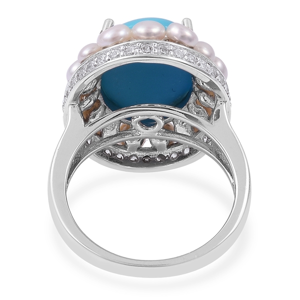 Limited Edition - Rare Size Sleeping Beauty Turquoise (Ovl 16X12 mm 6.25 Ct), Freshwater Pearl and Natural White Cambodian Zircon Ring in Rhodium Plated Sterling Silver 10.835 Ct. Silver wt 5.01 Gms.