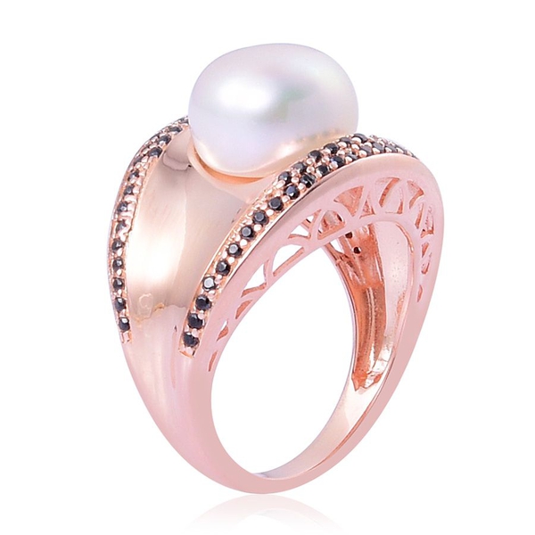 Freshwater White Pearl (Rnd), Boi Ploi Black Spinel Ring in Rose Gold Overlay Sterling Silver