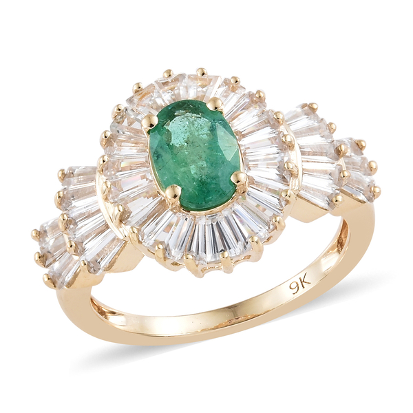 2.75 Ct AA Zambian Emerald and Cambodian Zircon Halo Ring in 9K Gold 2.97 Grams